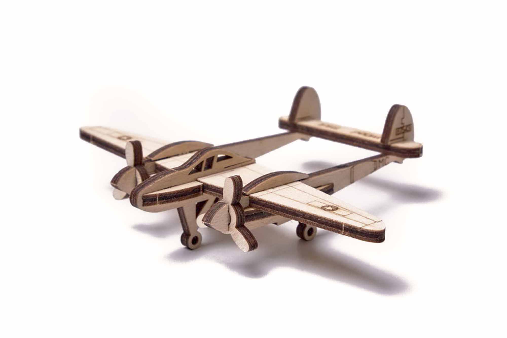 Wood Trick "Vojenské letadlo" - "Woodik Lightning Plane" - 3D dřevěné mechanické puzzle