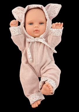 Berjuan – realistické miminko holčička Baby Smile v kočičím overalu