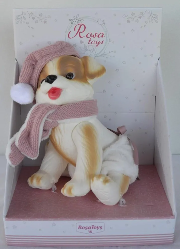 Hnědo-bílý pejsek v růžovém baretu od RosaToys