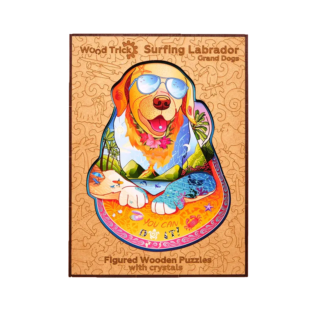 Wood Trick  "Surfující labrador" - Pestrobarevné dřevěné puzzle 