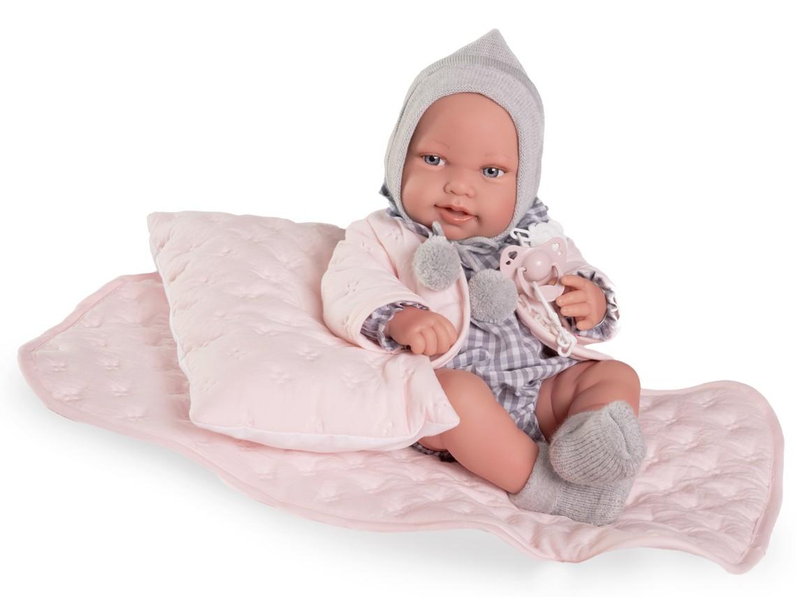 Antonio Juan – realistická panenka miminko Pipa s růžovou dečkou a polštářkem 