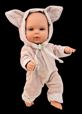 Berjuan – realistické miminko holčička Baby Smile v kočičím overalu