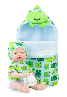 Marina & Pau – realistické miminko chlapeček Venoušek 21 cm  ve spacím pytli se žábou