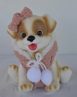 Hnědo-bílý pejsek v růžovo-bílé vestičce s kapucou od RosaToys