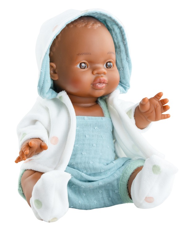 Realistická panenka chlapeček Fran v bílém župánku od firmy Paola Reina ze Španělska (Realistická panenka LOS GORDIS ze Španělska)