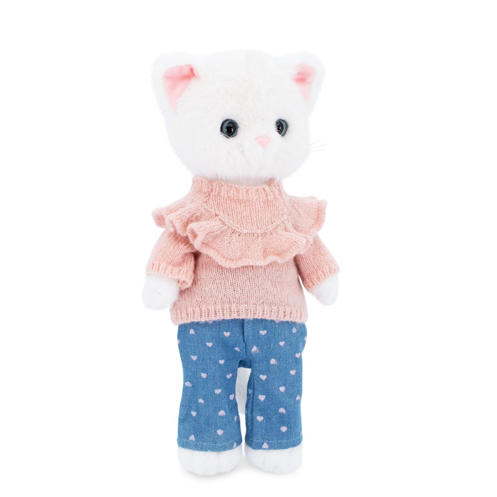 Orange Toys – Lucky Sophie s tělíčkem s kostřičkou v růžovém svetříku a džínových kalhotách (Lucky Sophie: Denim Hearts 38 cm – plyšová kočka)